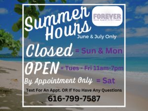 Summer store hours at Forever Dance Apparel: June and July schedule - closed on Mondays, open Tuesday to Friday from 11 am to 7 pm, and limited Saturday appointments by appointment only